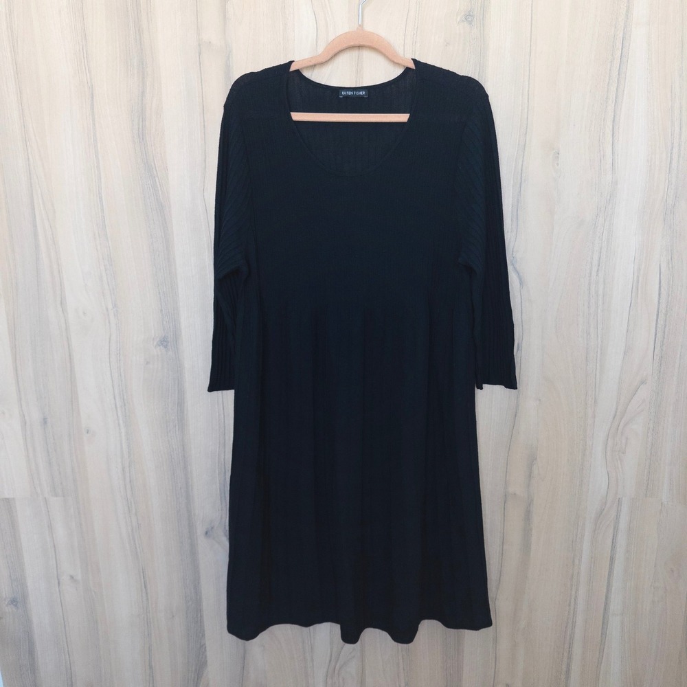 Eileen Fisher Womens Wool Dress XL Black Ribbed Scoop Neck Quiet Luxury Classic